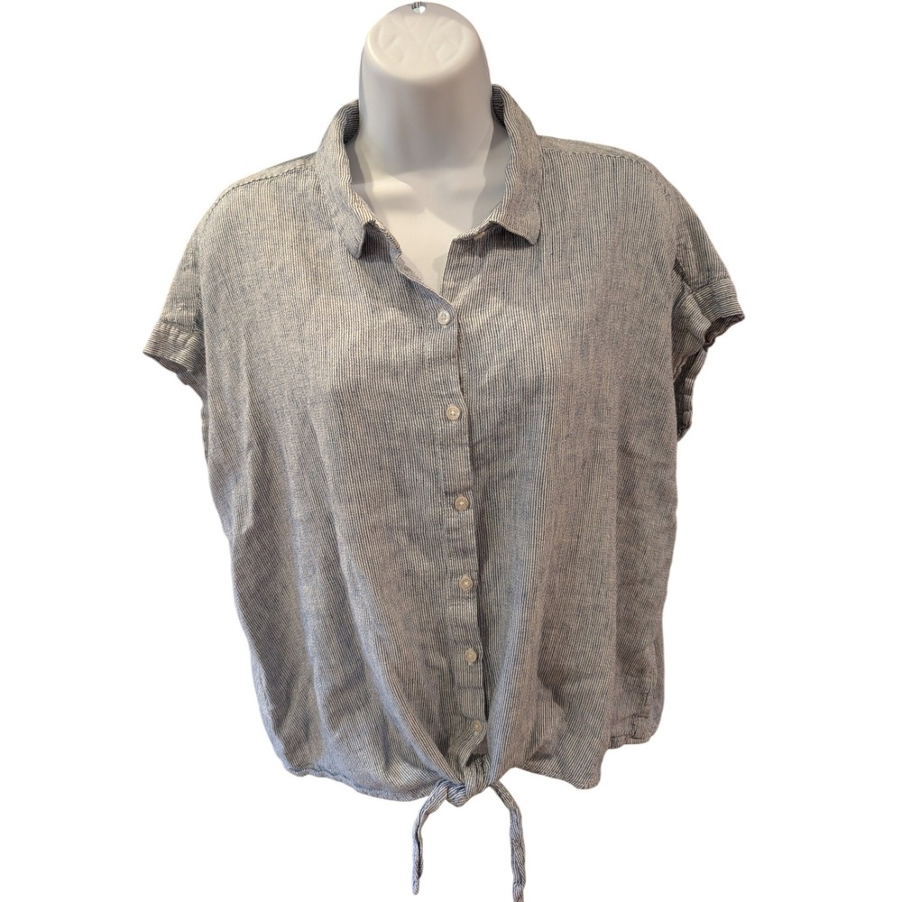 Weatherproof Vintage Womens Washable Linen Tie Front Pinstripe Shirt Blue Large